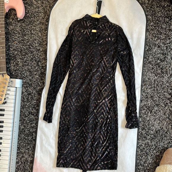 Black Bodycon Mock Neck Sequioin Long Sleeve Mini Short Dress - Picture 2 of 12
